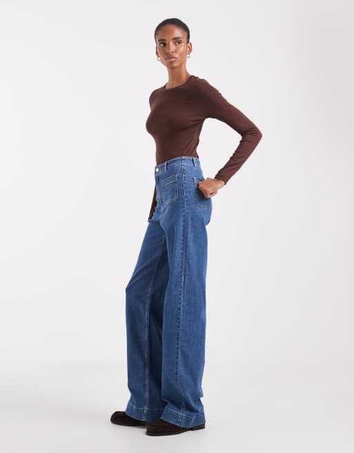 Vero Moda Tall Kayla high rise wide leg jeans with pocket detail in medium blue denim, 3 of 5