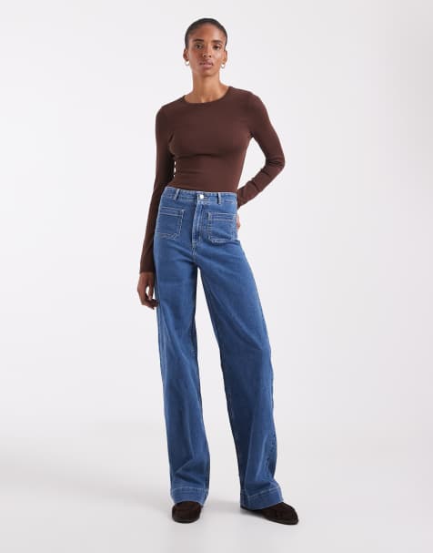 Vero Moda Tall Kayla højtaljede jeans med brede ben og lomme-detalje i mellemblå denim - view 1