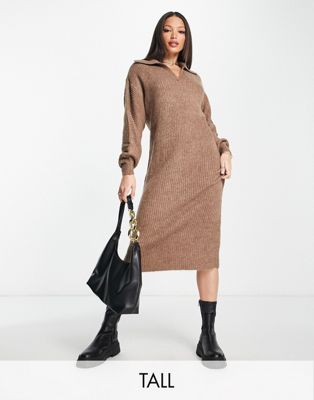 Vero Moda Tall knitted collared maxi dress in brown | ASOS