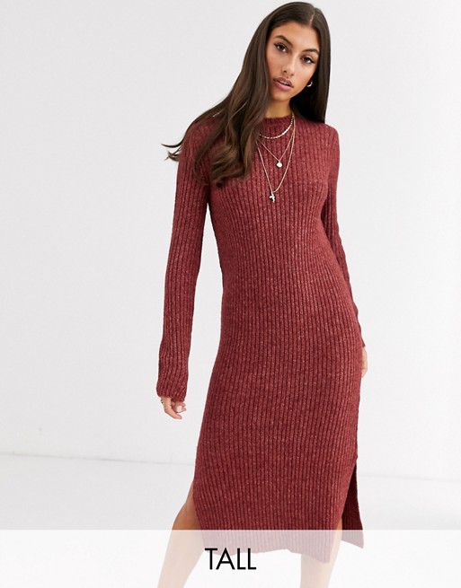 Vero Moda Tall knitted midi dress with side split in brown