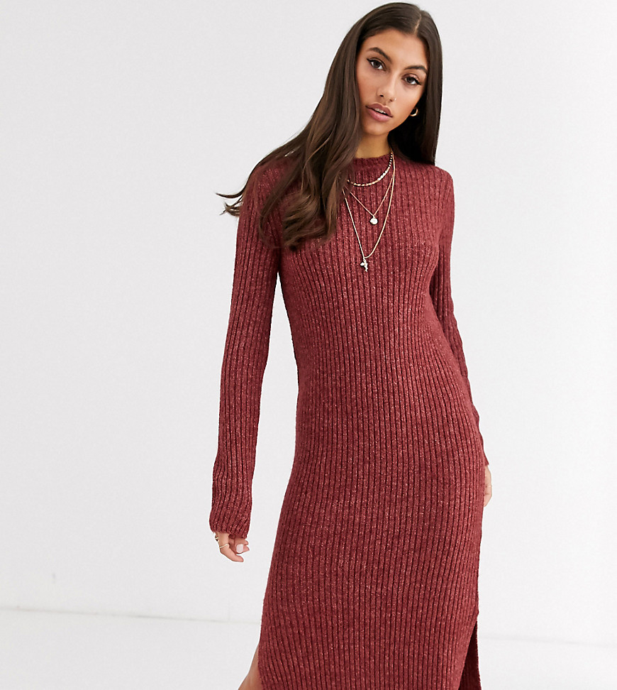 Vero Moda Tall knitted midi dress with side split in brown
