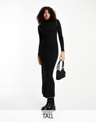 Vero Moda Tall - Langärmliges Jersey-Maxikleid in Schwarz mit Kräuselsaum