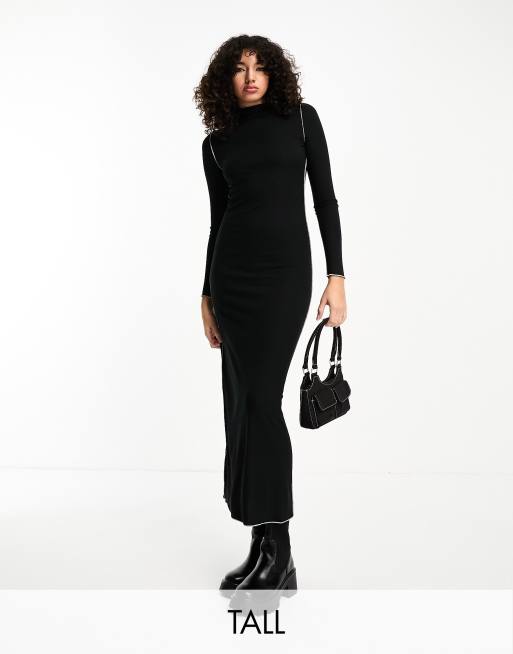 Vero Moda Tall – Langärmliges Jersey-Maxikleid in Schwarz mit Kräuselsaum