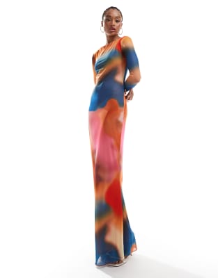 Vero Moda Tall - Langärmliges Netzstoff-Maxikleid mit blauem Sonnenuntergangsmuster-Bunt