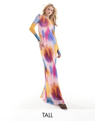 Vero Moda Tall - Langärmliges Netzstoffkleid mit verschwommenem buntem Print