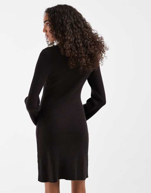 Vero Moda Tall langærmet kjole med bådudskæring i strik i chokoladebrun, 4 af 4