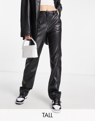 Vero Moda Tall leather look high waisted straight leg trousers in black