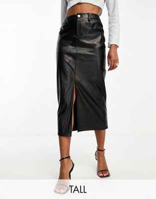 Vero Moda Tall Leather Look Midi Skirt In Black