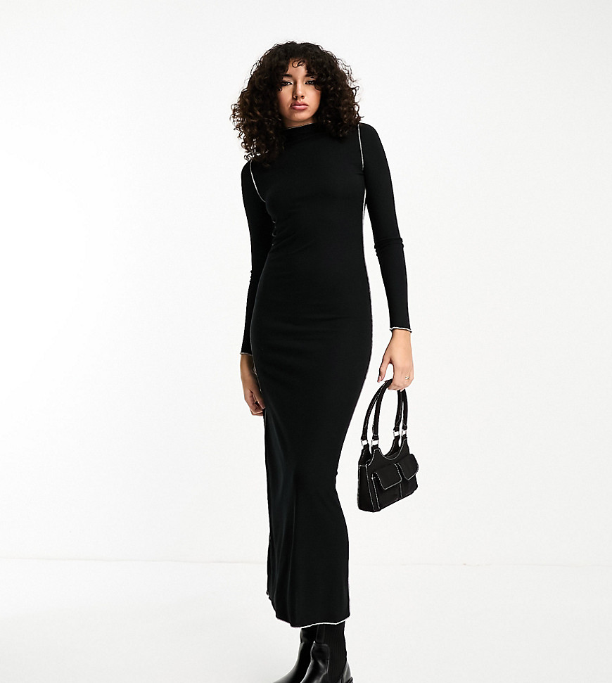 lettuce edge jersey maxi dress with long sleeves in black