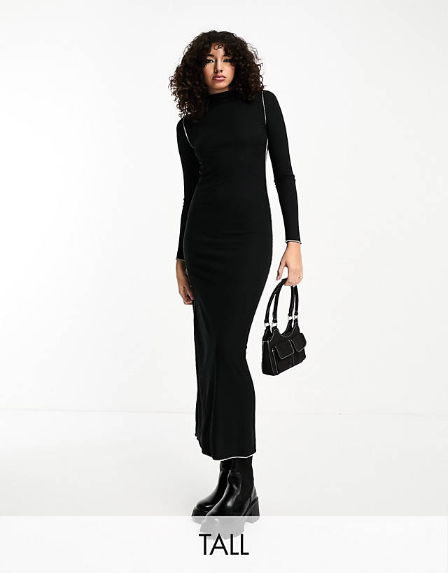 Vero Moda Tall - lettuce edge jersey maxi dress with long sleeves in black