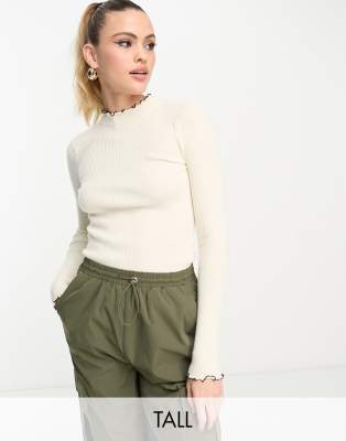 lettuce edge long sleeved top in cream with black tipping-White