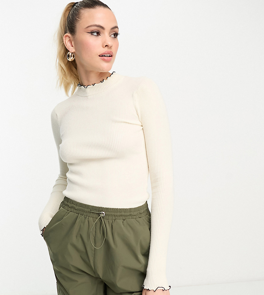 Vero Moda Tall Lettuce Edge Long Sleeved Top In Cream With Black Tipping-white