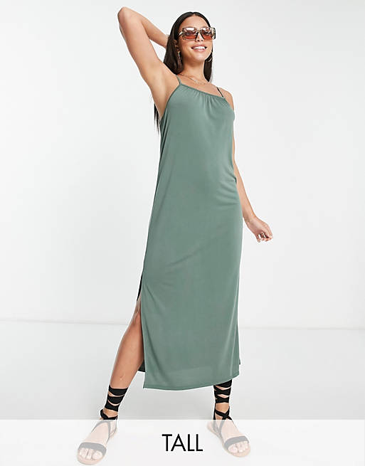 Vero Moda Tall - Lichtgewicht midi cami-jurk met gestrikte achterkant in kaki