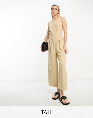 linen touch tie back jumpsuit with pleat front wide leg in beige-White