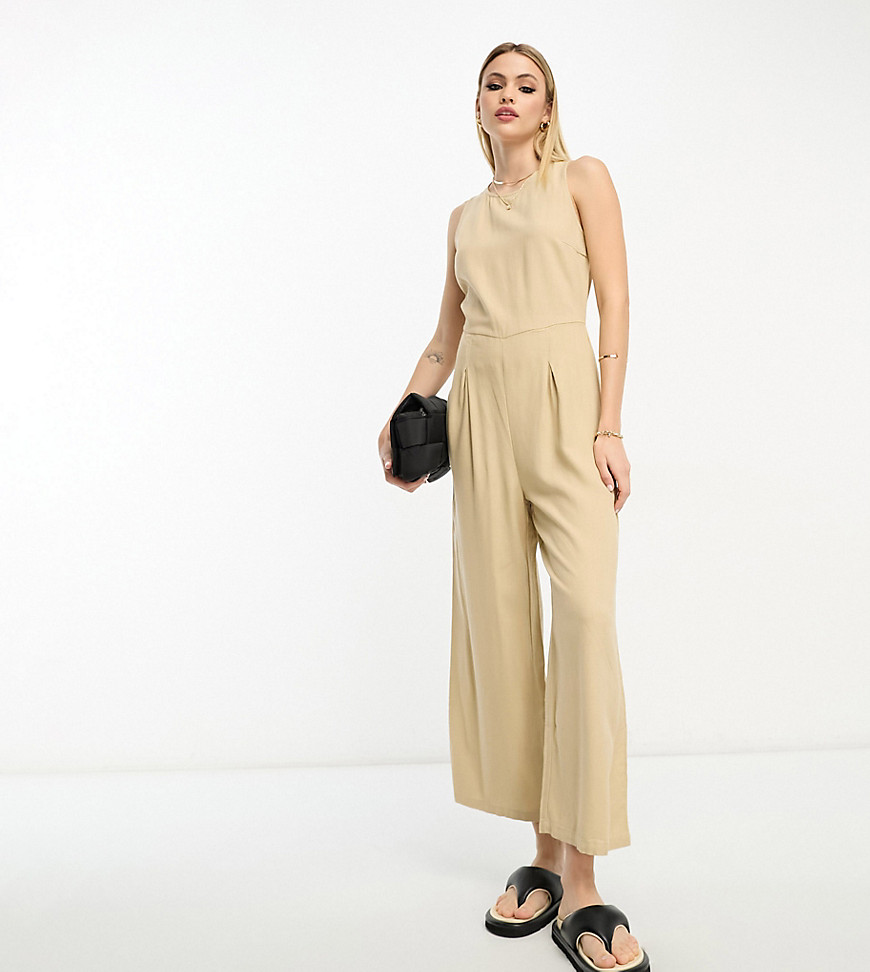 linen touch tie back jumpsuit with pleat front wide leg in beige-White