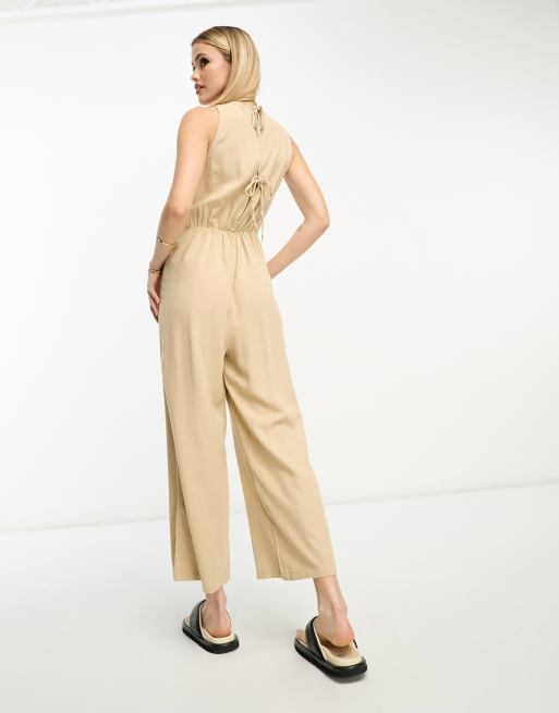 Vero Moda Tall linen touch tie back jumpsuit with pleat front wide