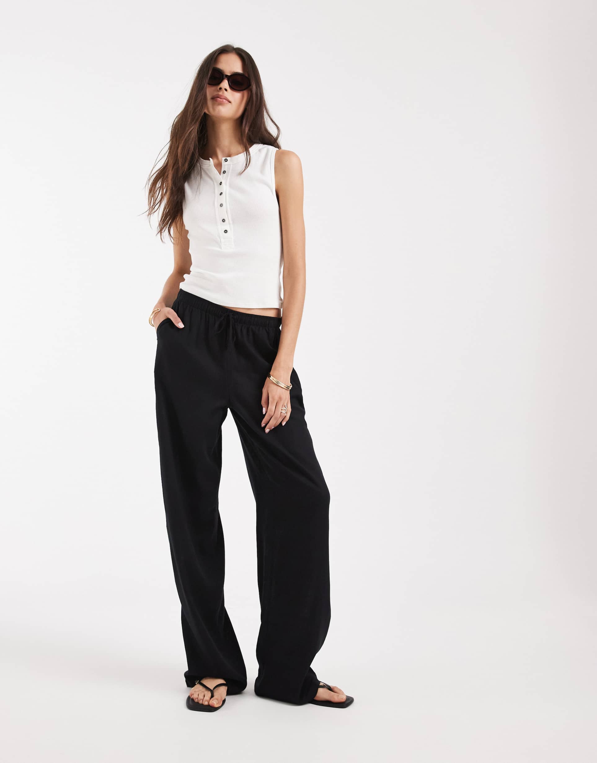 vero moda tall linen touch wide leg pants with drawstring waist in black