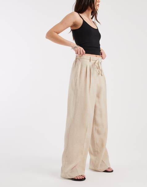 Vero Moda Tall – Ljusbeige, vävda, figursydda byxor med veck framtill och knytning i midjan - view 1