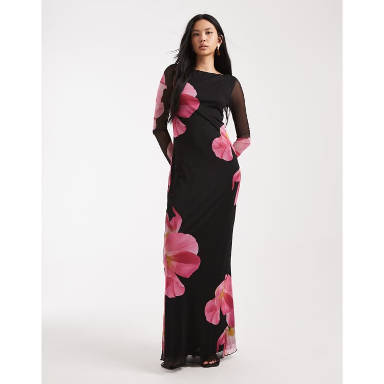 Vero Moda Tall long sleeve mesh maxi dress in black with overblown floral |  ASOS