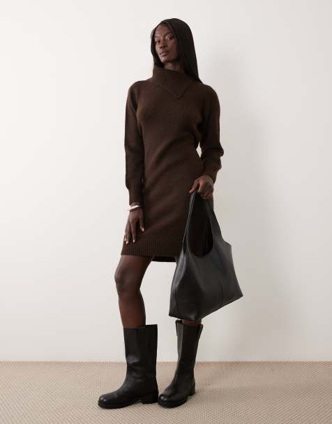 Vero Moda Tall long sleeve split neck knitted mini dress with tie waist in chocolate brown