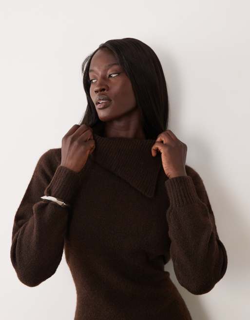 Vero Moda Tall long sleeve split neck knitted mini dress with tie waist in chocolate brown, 2 of 4