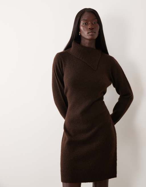Vero Moda Tall long sleeve split neck knitted mini dress with tie waist in chocolate brown, 4 of 4