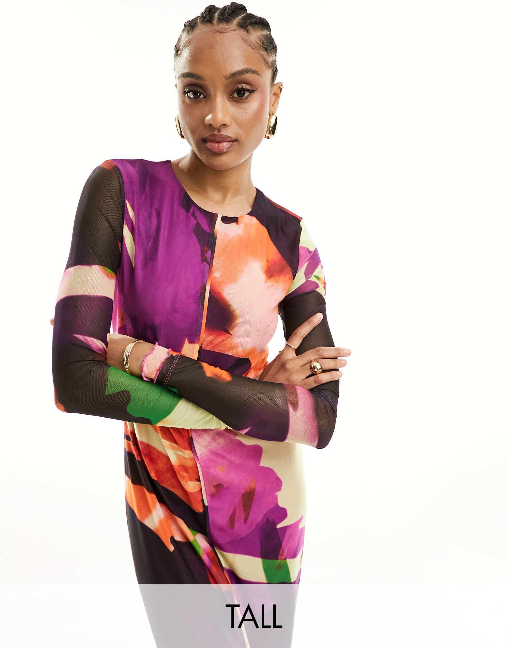 vero moda tall long sleeved lettuce edge mesh dress in abstract print