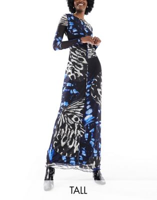 Vero Moda Tall long sleeved lettuce edge mesh maxi dress in blue abstract butterfly print