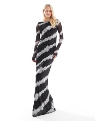 long sleeved mesh dress in blurred mono print-Black