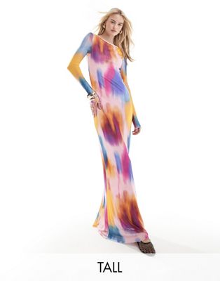 Vero Moda Tall Long Sleeved Mesh Dress In Blurred Multi Print
