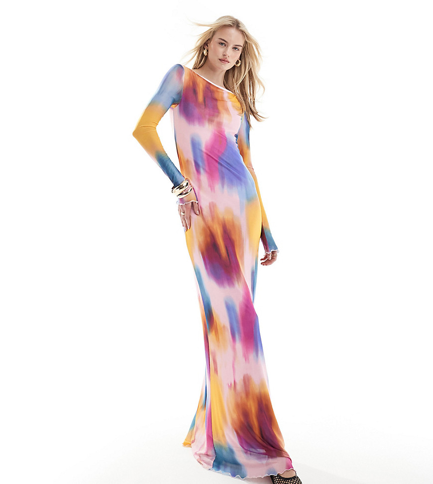long sleeved mesh dress in blurred multi print