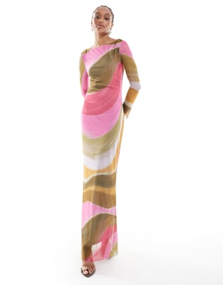 Vero Moda Tall long sleeved mesh dress maxi in multicolor overblown painted print - view 1