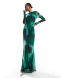 [Vero Moda Tall] Vero Moda Tall long sleeved mesh maxi dress in dark green abstract-Multi XS Beryl green