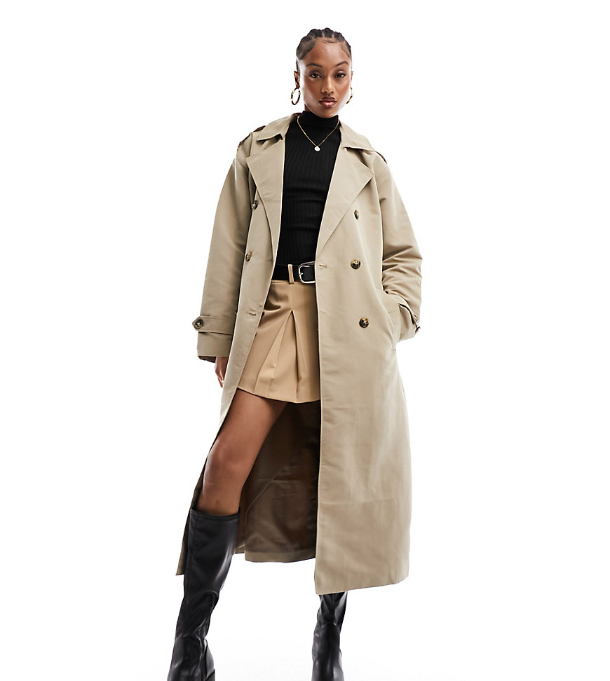 Vero Moda Tall longline belted trench coat in stone-Neutral