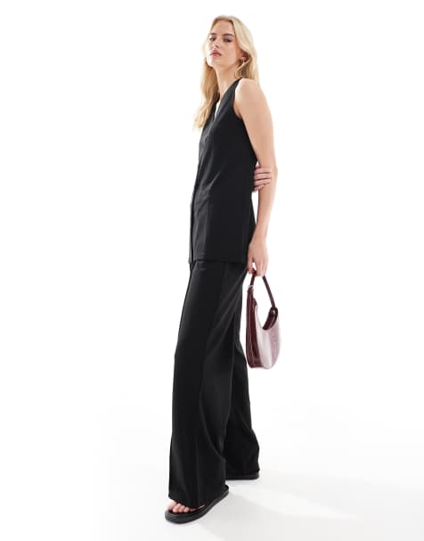Vero Moda Tall longline jersey crepe waistcoat and wide leg trousers set in black - view 1