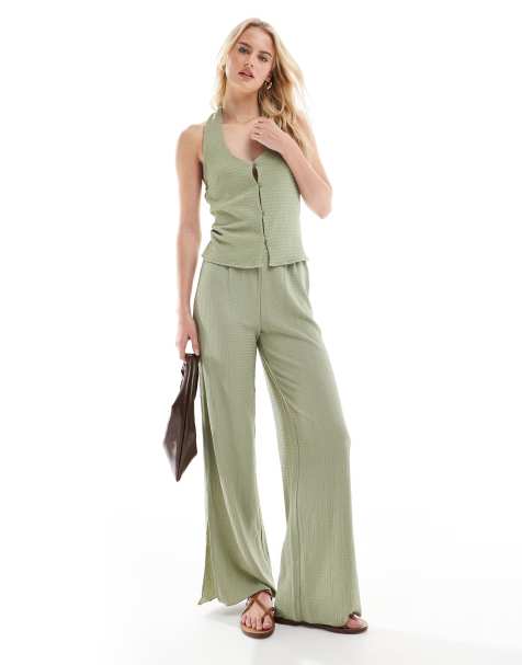 Vero Moda Tall longline jersey crepe waistcoat and wide leg trousers set in tea green - view 1