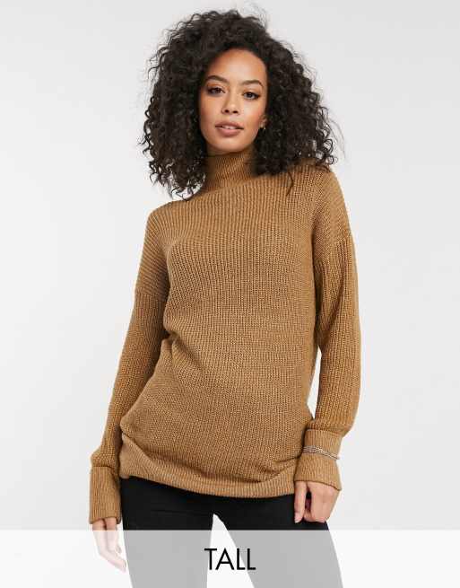 Vero Moda Tall longline jumper with high neck in camel | ASOS