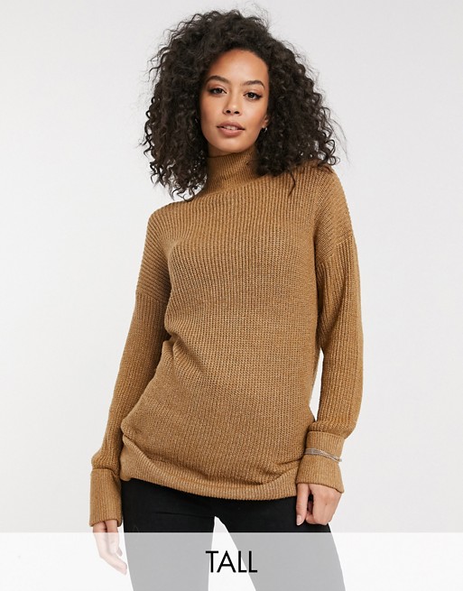 Vero Moda Tall longline jumper with high neck in camel