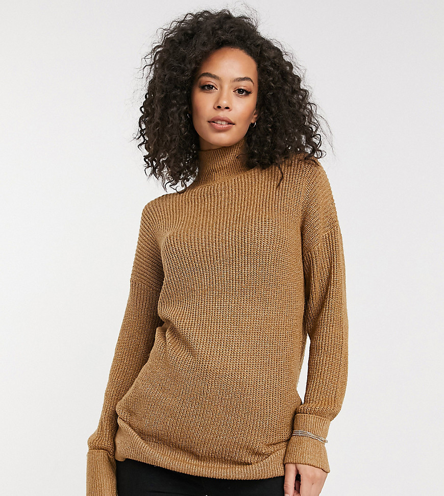 Vero Moda Tall longline sweater with high neck in camel-Brown