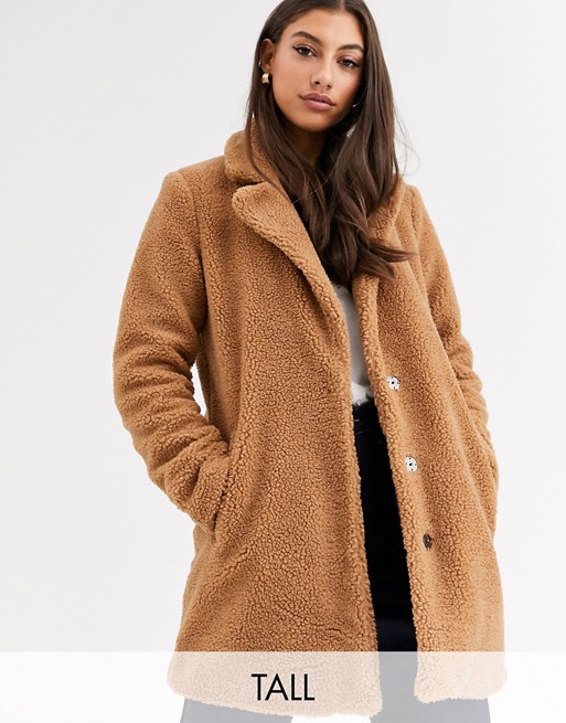 Vero Moda Tall longline teddy coat in brown