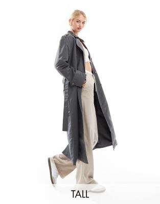 Vero Moda Tall - Longline-Trenchcoat in Asphaltgrau mit Bindegürtel