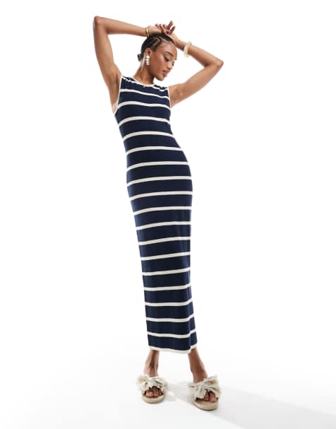 Vero Moda Tall - Marineblå ankellang kjole med striber i strikket jersey - view 1