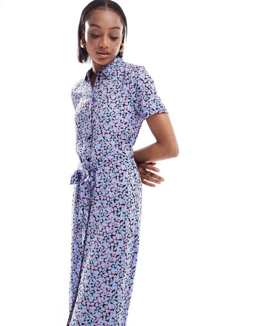 Vero Moda Tall maxi buttondown shirt dress in blue floral print ASOS