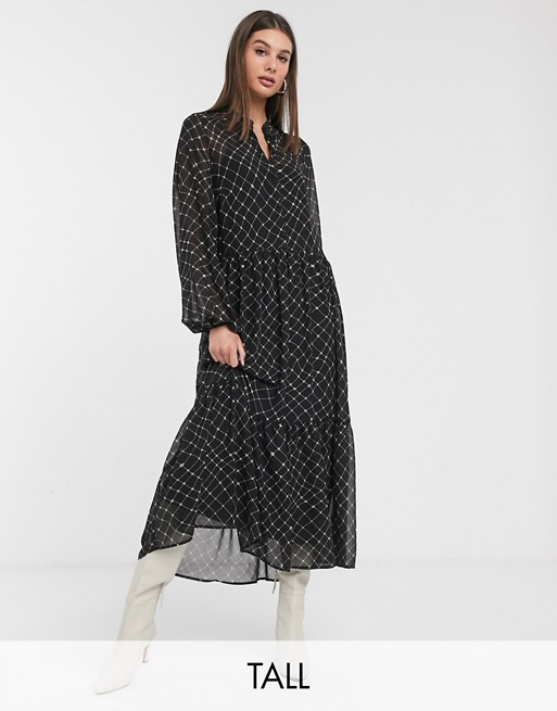 Vero Moda Tall maxi dress with tiered skirt in black check