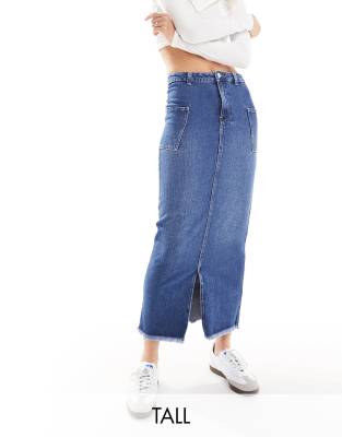 Vero Moda Tall - Maxi-Jeansrock in Dunkelblau mit Saumschlitz vorne und Seitentaschen