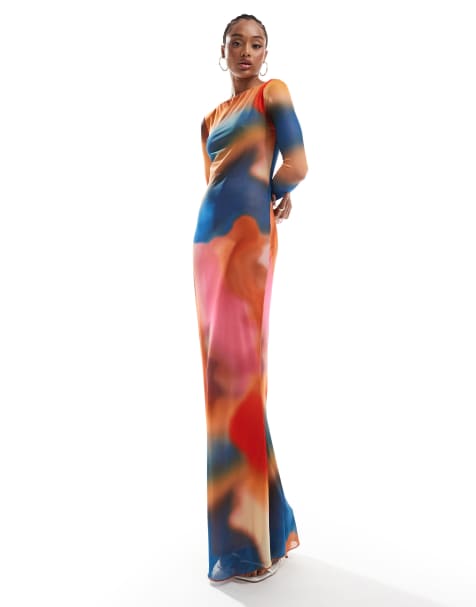 Vero Moda Tall - Mesh maxi jurk met lange mouwen en vervaagde print in oranje en blauw - view 1