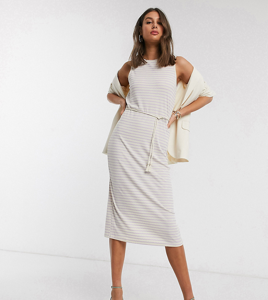 Vero Moda Tall - Midi-jurk met touwriem en crème en lila strepen-Multi
