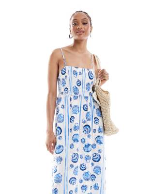 Vero Moda Tall - Midi-Trägerkleid mit blauem Muschelmuster