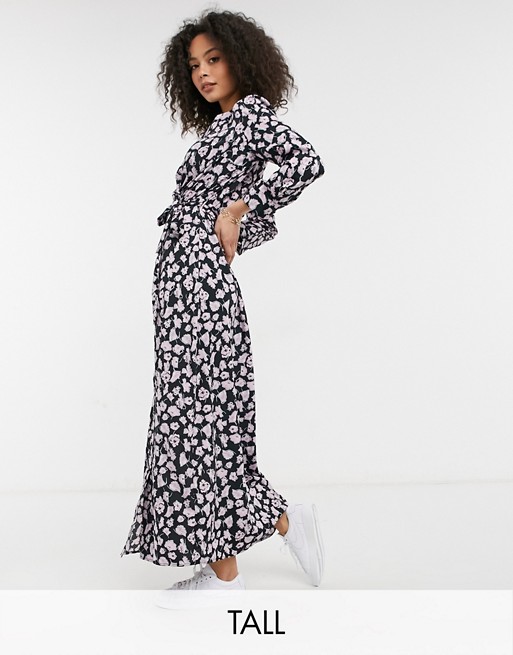 Vero Moda Tall exclusive maxi wrap dress in black and lilac floral
