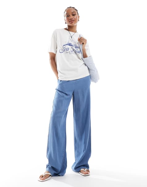 Vero Moda Tall fluid wide leg trousers in blue chambray